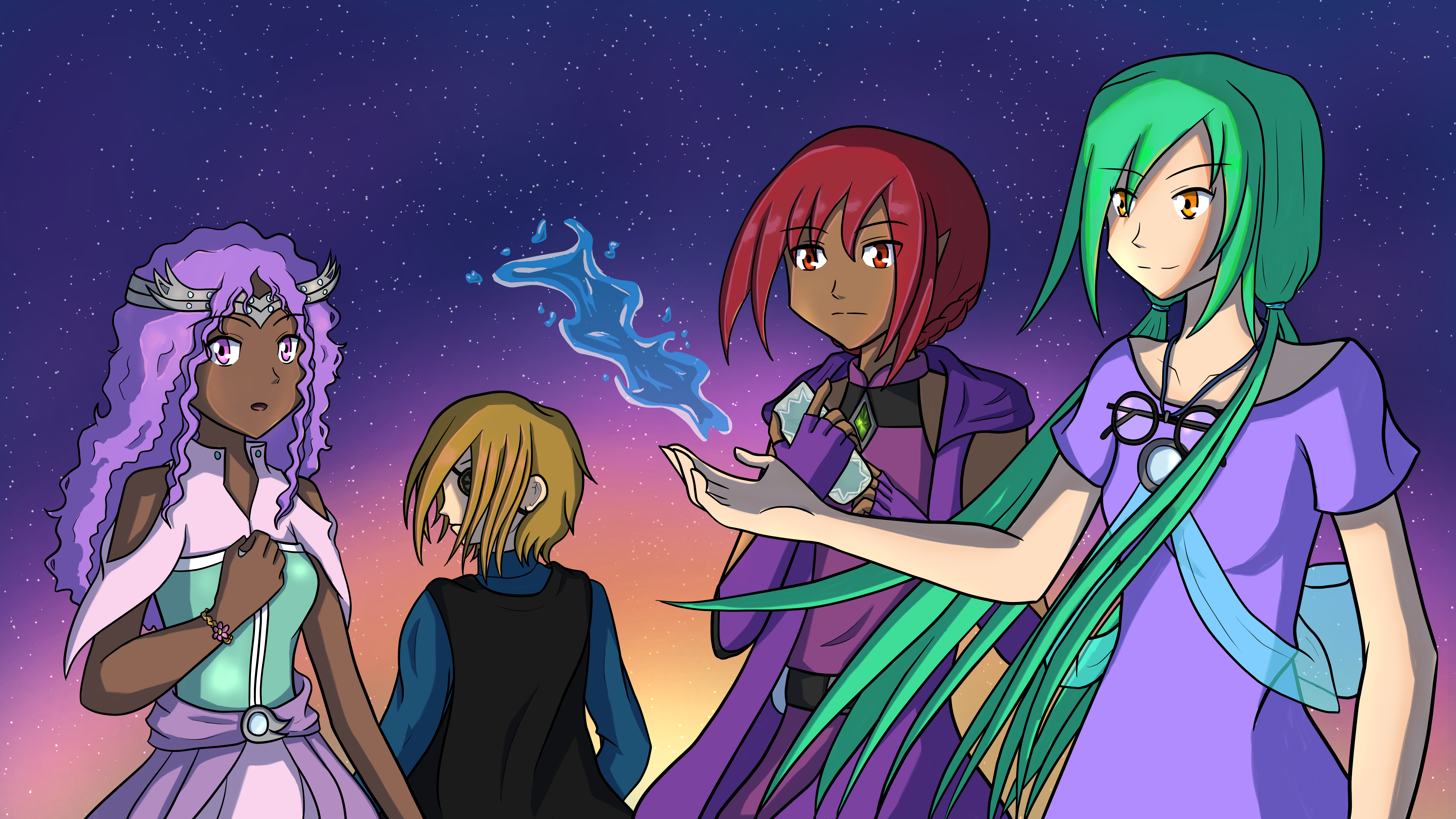 Emily, Meri, Rota, and Seth with their hair billowing in the wind and a sunrise behind them